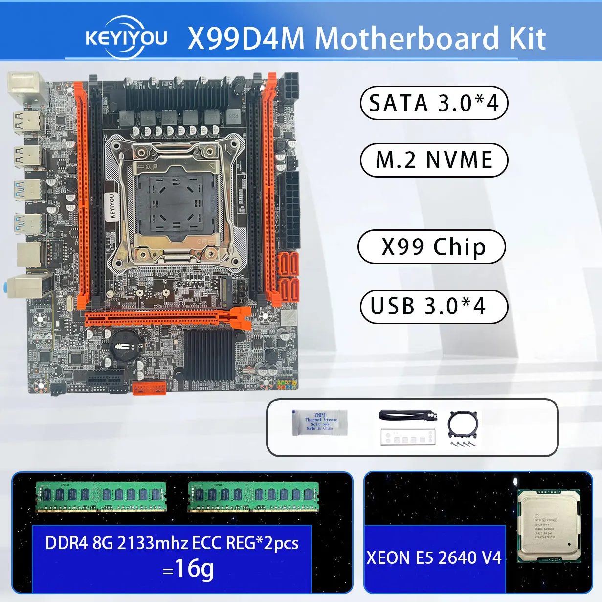 Материнская плата KEYIYOU X99D4M S LGA 2011-3 Kit E5 2640 V4 CPU DDR4 2*8 ГБ = память 16 Гб usb3.0 NVME M.2 _ X99