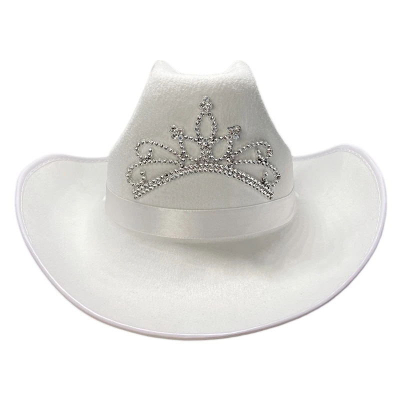 A0NF White Cowgirl Hats Cow Girl Hat with Rhinestones Crown Tiara Adjustable Strings Adult Size Cowboy Hat for Party