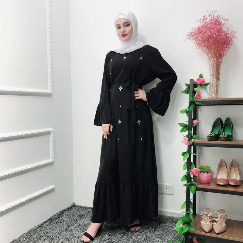 

Handmade Diamond Beading Full Length Dubai Fashion Female Long Sleeve Ruffles Silky Fabric Dress With Belt Muslim Fashion