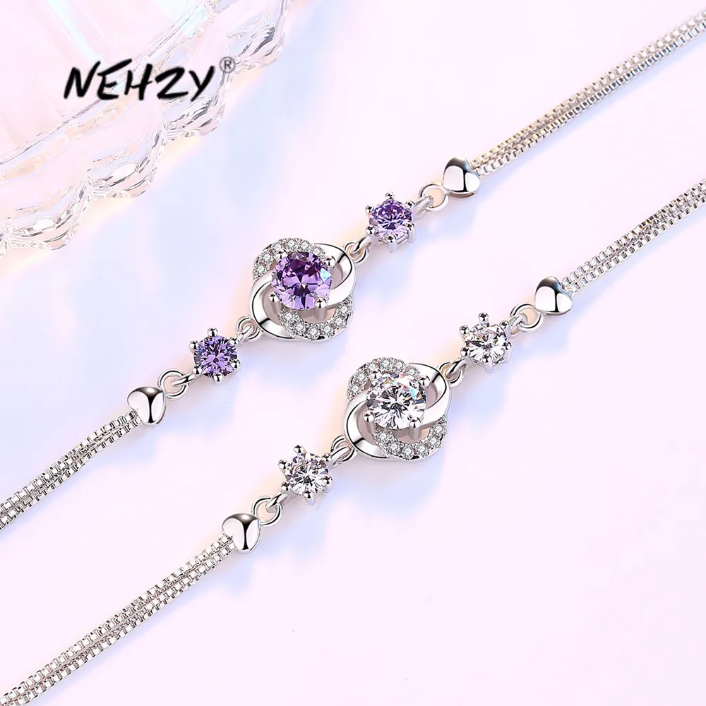 

NEHZY Silver plating new women's fashion jewelry purple Cubic Zirconia four-leaf clover flower bracelet length 16+3.5CM