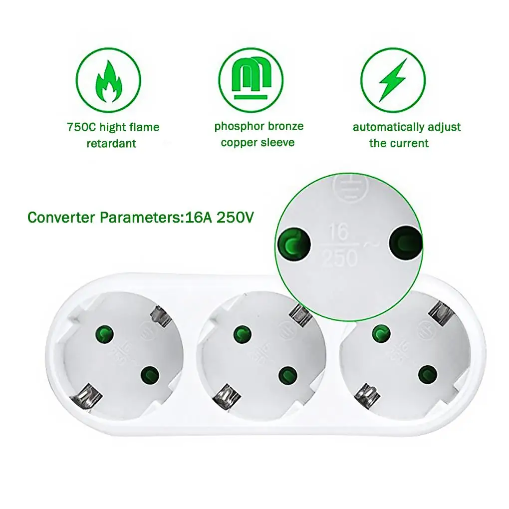 

White EU 3pole Power Convert Plug Wall Socket 16A 250V 3way Power Strip Outlet Triple German Standard Adapter Plug 3500w