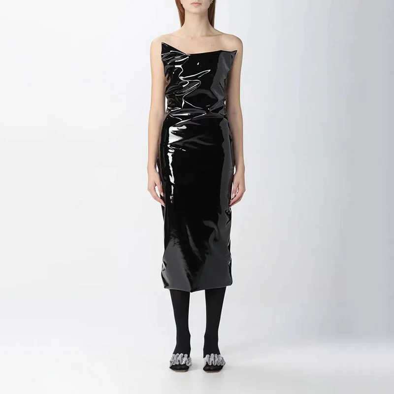 Женское блестящее платье-миди из лакированной кожи без рукавов искусственного