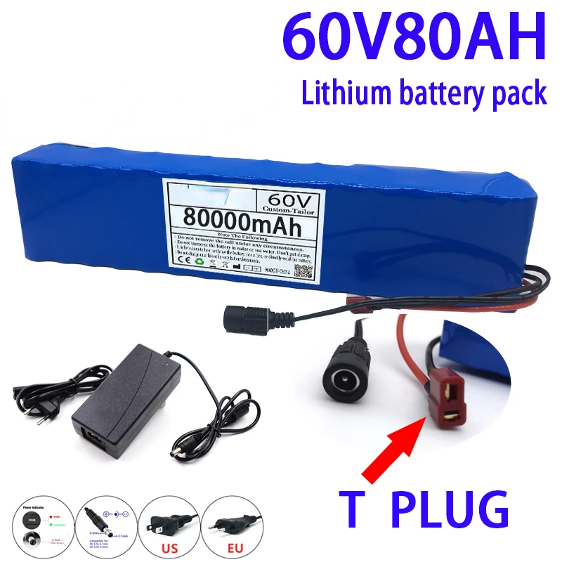 

Scooter 18650 Lithium Ion E-Bike Battery Pack New 60V 80000mAH Electric Bike 80Ah 16S2P with BMS + 67.2V Charger