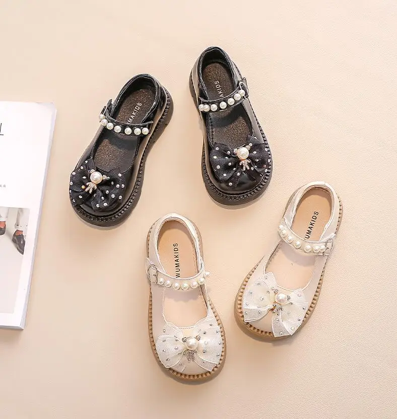 

Children's Shoes Spring Autumn New Girls' Pearl Decoration Fashionable Flat Heel Leather Black Princess Single Shoes Size 23-35