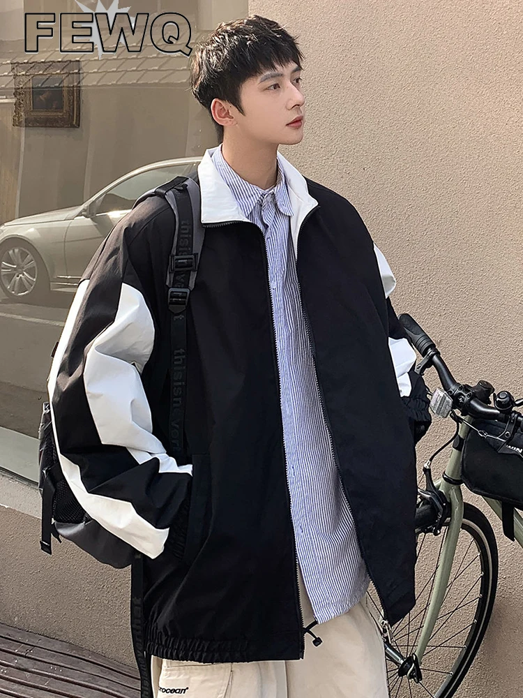 

Мужская повседневная куртка на молнии FEWQ, куртка контрастных цветов с лацканами, корейское пальто в стиле пэчворк, осень 2023