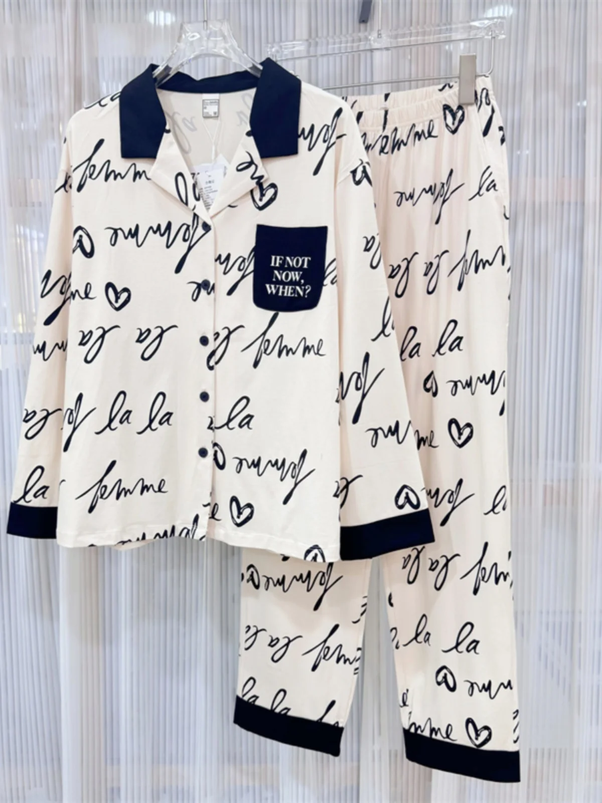 Bailunshijia женские пижамы с длинными рукавами из чистого хлопка черные буквы розовые