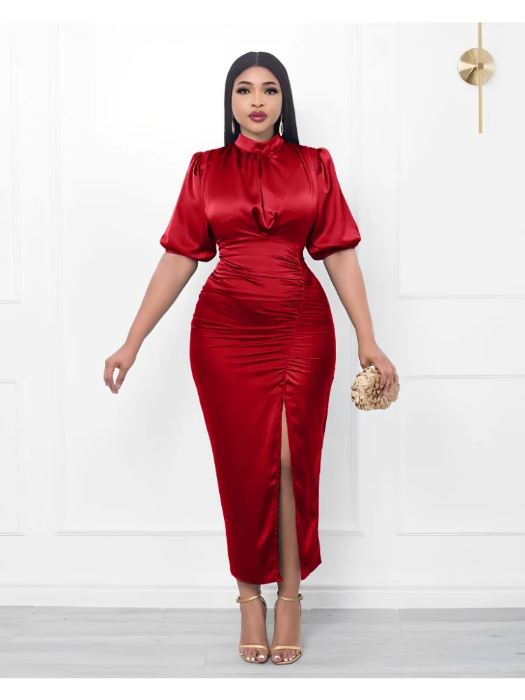 Women's High Neck Tight Dress Elegant High Split Pleated Dress Plus Size Dresses Summer Dress