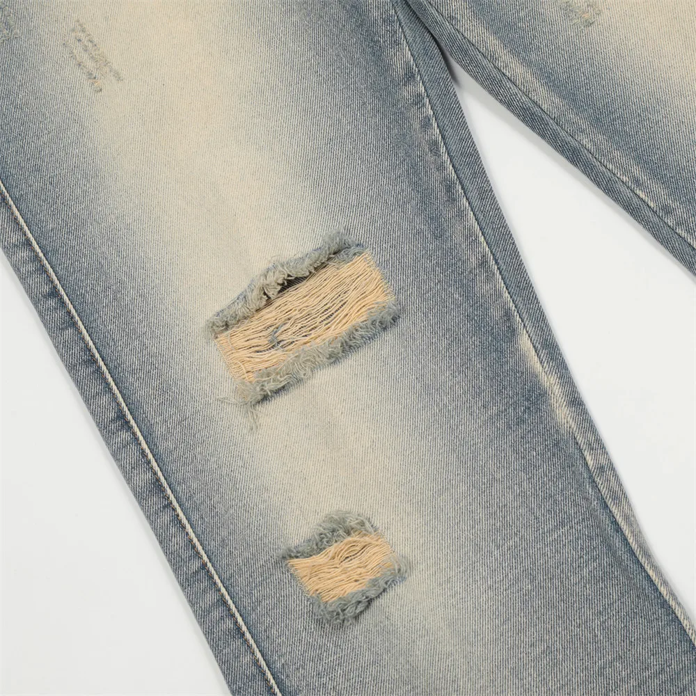 Ins Y2k Mens Washed Denim Jeans High Street Hole Hip Hop Fashion Straight Loose Wide-Leg Long Pants Feet with Zipper Hot Sale