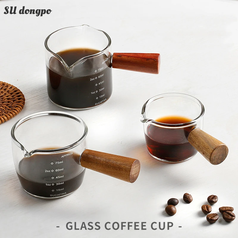 

Ins Glass Wooden Handle with Scale Small Milk Cup Concentrated Latte Italian Coffee Small Measuring Cup Small Milk Pot Milk Tank