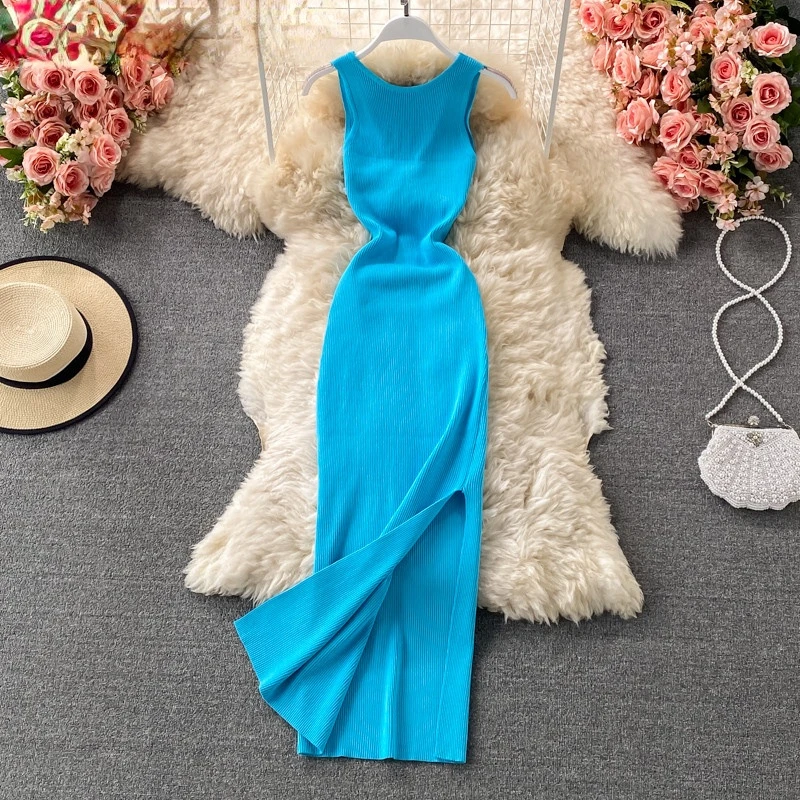 

2022 Summer Hollow Out Twisted Back Sleeveless High Slit Sexy Women Knitted Dress Solid Color Feminine Mid-calf Dress