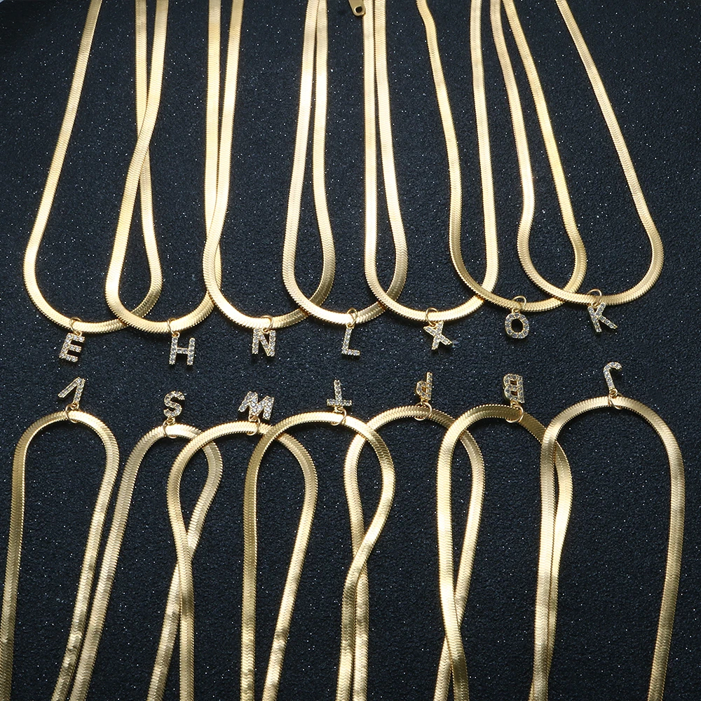 

ZMFashion Luxury Inlaid Zircon A-Z Letter Pendant Necklace for Women Man Initial Choker Snake Chain Stainless Steel Jewelry Gift