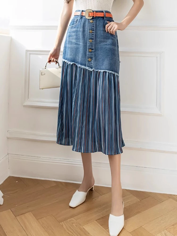 

2023 Patchwork Pleated Jeans Skirts Women High Waist Ripped Skirts Vintage Elegant Korean Fashion Denim Skirts pleated skirt