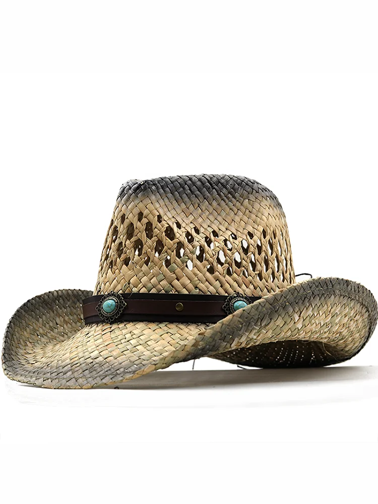 Simple Wild Beach Cool The Raffia Straw Western Cowboy Hat Summer Gentleman Cowgirl Jazz Cap Dad Fedora Hat Leisure Travel Sunscreen Breathable
