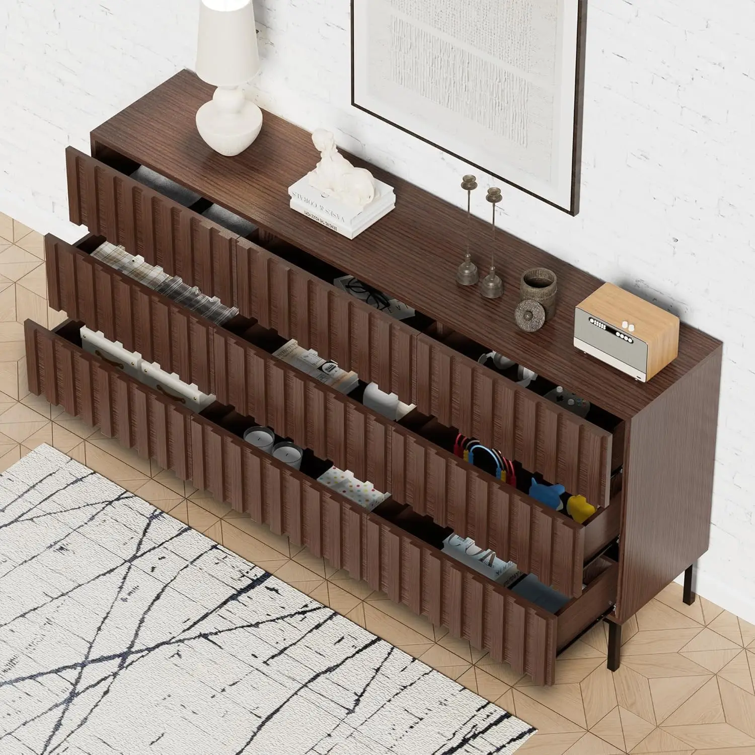 (Черный орех) Комод и тумбочка середины века с 9 ящиками набор из 2 предметов для