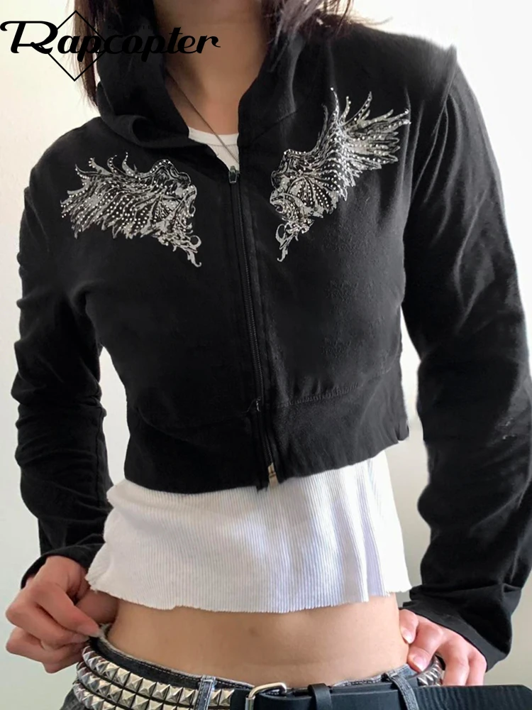 

Куртка Rapcopter Y2K с принтом крыльев стразы черные толстовки на молнии укороченные гранж-панк уличное пальто женские ретро милые Джемперы 90s