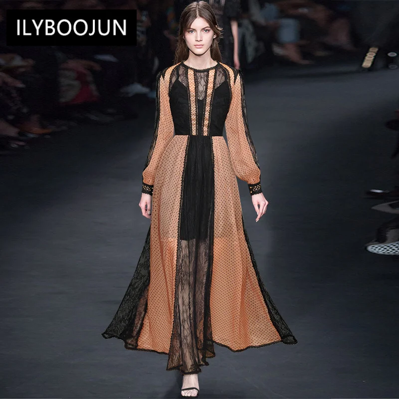 

Fashion Runway dress Autumn Women Dress Lantern Sleeve Lace Patchwork polka dot Print Vintage Party Dresses