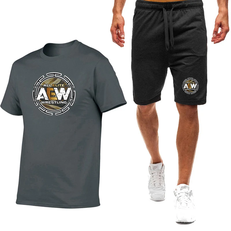Новинка 2026: Мужской летний комплект AEW All Elite с принтом, футболка с коротким рукавом в стиле Harajuku (9 цветов) и повседневные шорты, 2 предмета (art.: 3920da373d5cb) - 3920da373d5cb