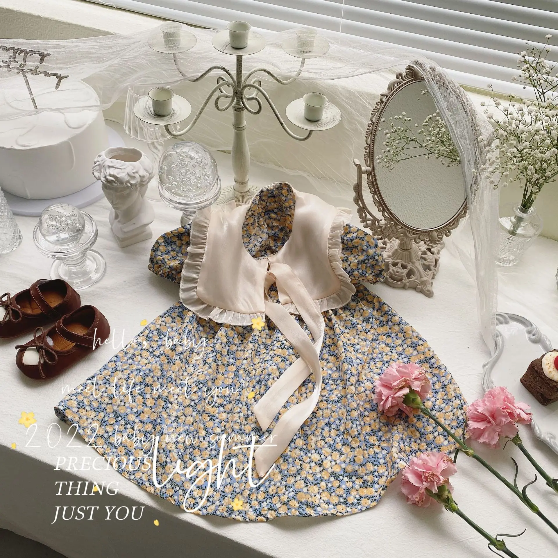 

2022 Summer Korean Style Baby Girl Dress Fashion Floral Princess Dress Cotton Short Sleeve Kids Clothes