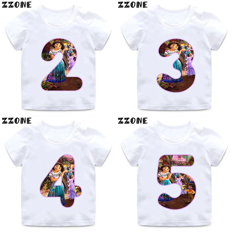 Camiseta de cumpleaños para niñas, ropa de princesa de Disney, Encanto Mirabel, 1, 2, 3, 4, 5, 6, 7, 8, 9, Tops de dibujos animados