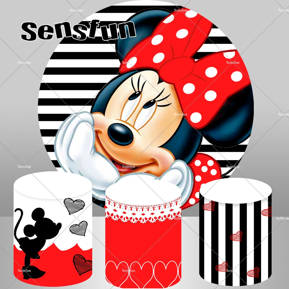 

Red Cute Minnie Mouse Round Backdrop Cover White And Black Stripes Girls Baby Shower Birthday Party Background Cake Table Banner