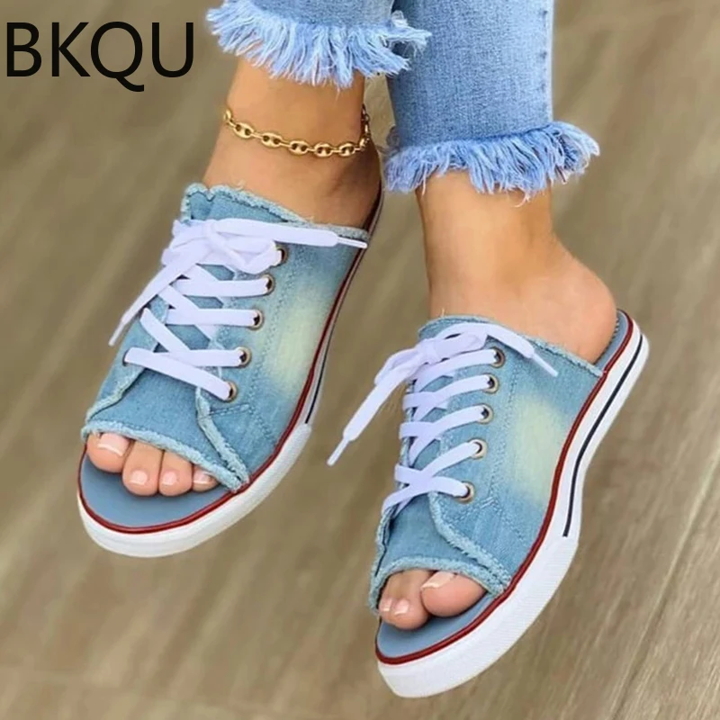 

Women's Casual Female Fashion Denim Beach Shoes Plus Size Women Canvas Slipper Woman Lace Up Ladies Peep Toe New Flat