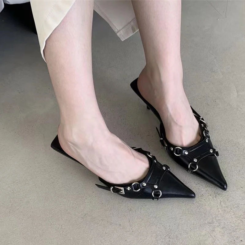 

Мюли женские летние с острым носком, блестящие туфли, роскошные брендовые, Классические шлепанцы на среднем каблуке, сланцы, 2023