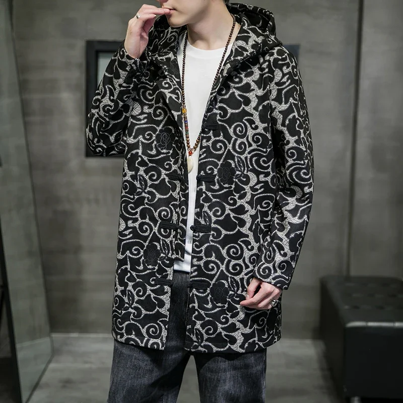 

Chinese Style Printing Hooded Windbreaker Jacket Men's Long Casual Jacket Fashion Long-sleeved Windproof Coat