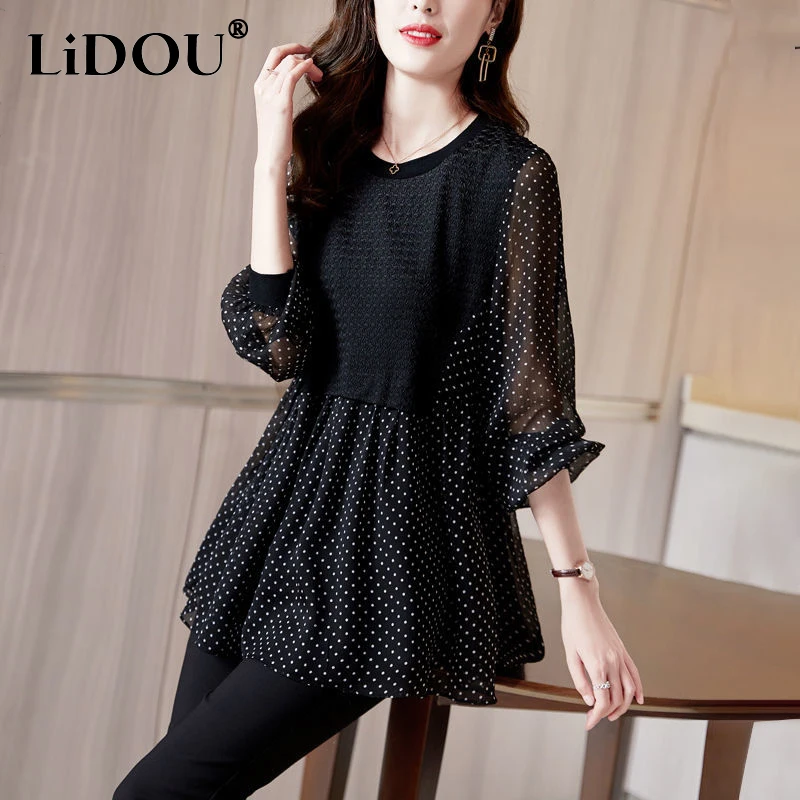 

Spring Autumn Black Polka Dot Loose Casual Shirt Ladies Elegant Fashion Patchwork Pullover Top Women Long Sleeve Chiffon Blouse