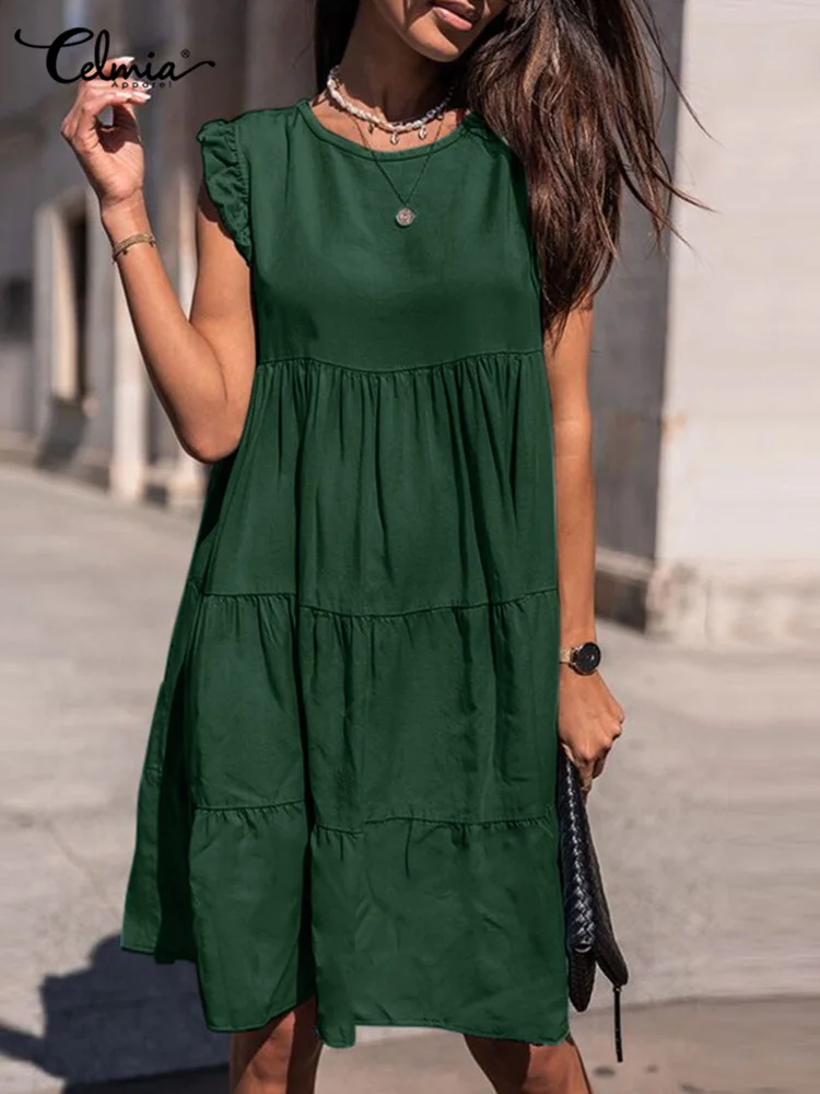 

Celmia Casual Loose Robes Multi-layer Stitching Pleats Fashion 2022 Summer O Neck Short Tank Dress Street Style Mini Sundress