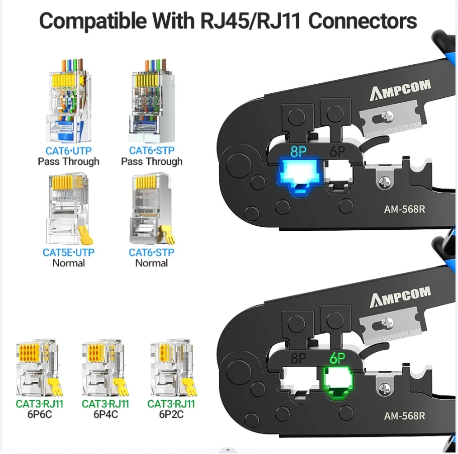 AMPCOM rj45 crimper RJ11 RJ45 Crimping Tool Ethernet Network LAN Cable Crimper Cutter Stripper Plier for 6P 8P RJ-11/RJ-12 RJ-45