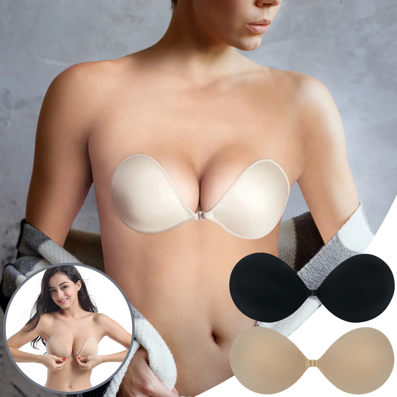 

1/2Pcs Sexy Women Push Up Bra Self-Adhesive Silicone Bust Front Closure Sticky Bra Black Skin Backless Strapless Bra лифчик