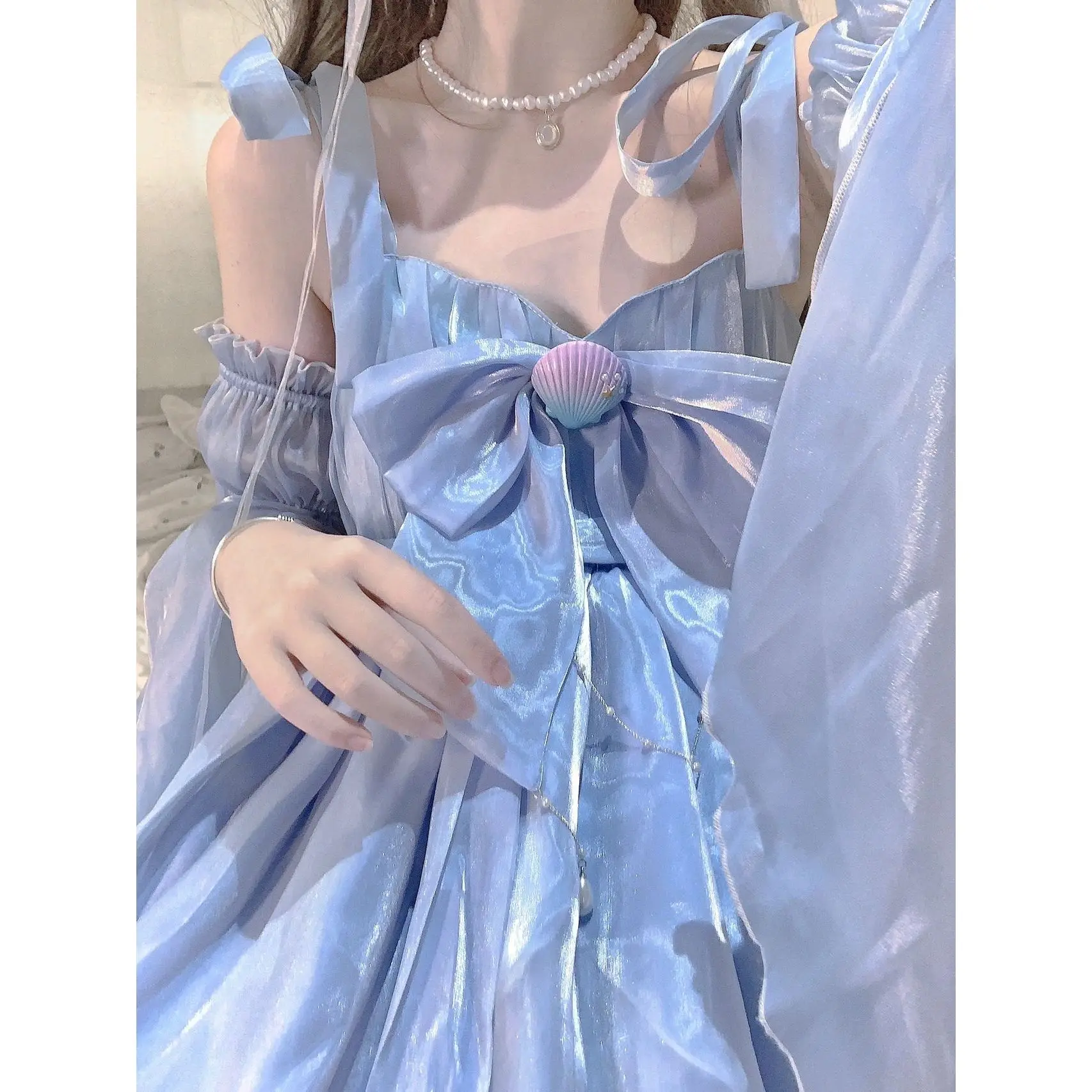 Blue Lolita Dress Fairy Princess Maxi Dress 2023 Summer New Arrival Bow Sling Dress With Removable Sleeve Women's Dress