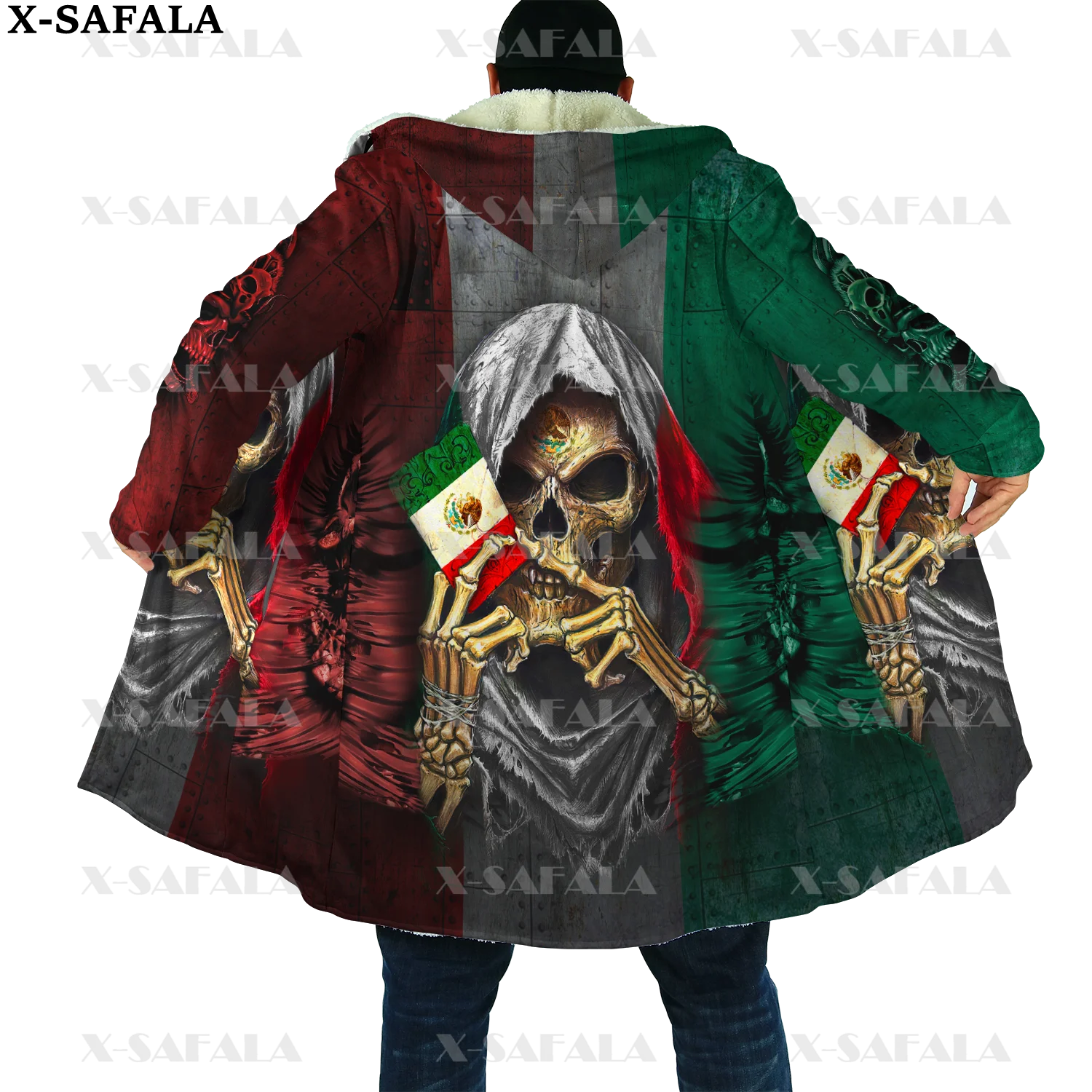 

Aztec Mexican Skull New Mexico EagleThick Warm Hooded Cloak Men Overcoat Coat Windproof Fleece Cape Robe Hooded Blanket-3