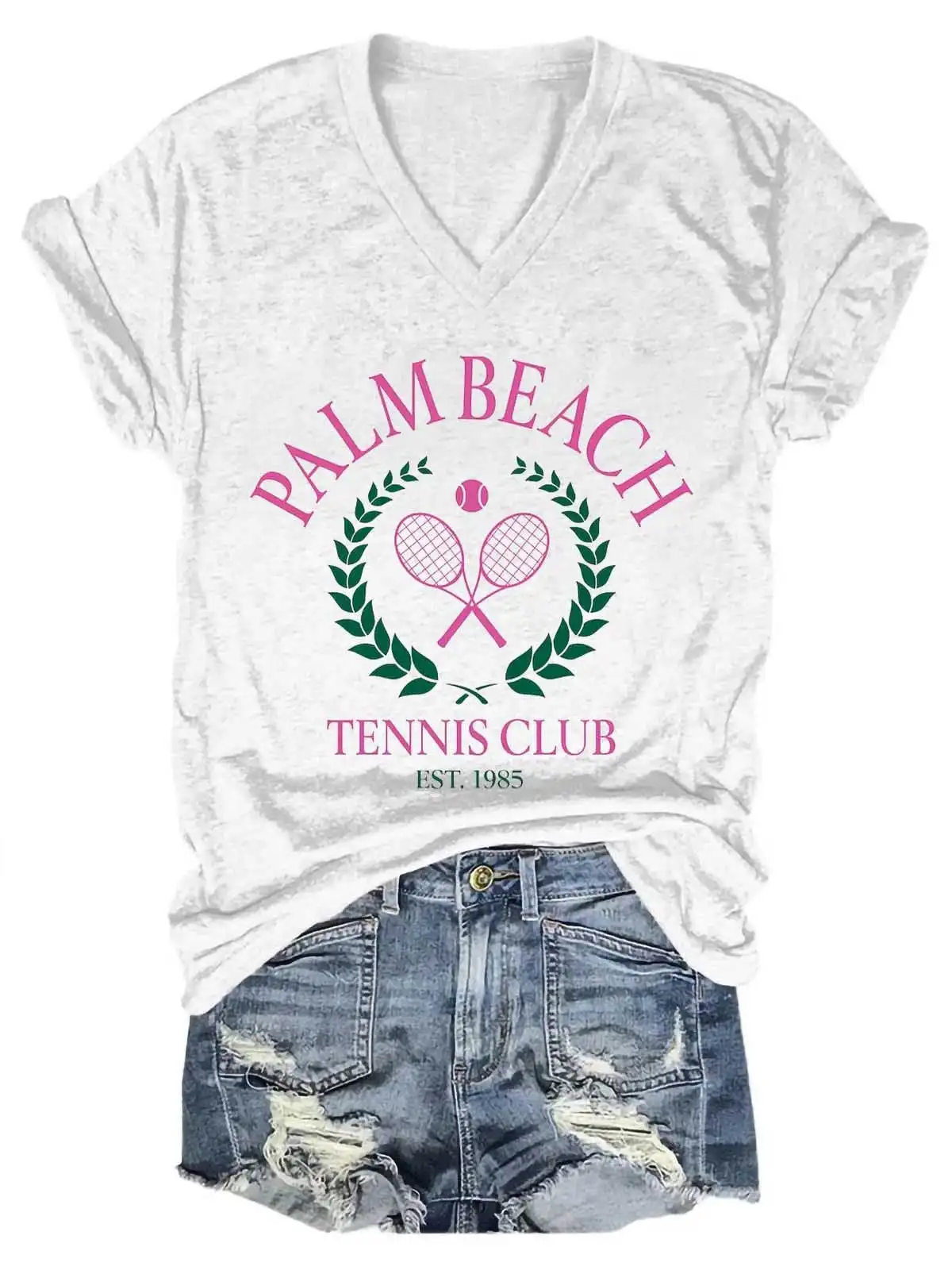 Lovessales Womens Palm Beach Tennis Club V-Neck 100% Cotton T-shirt