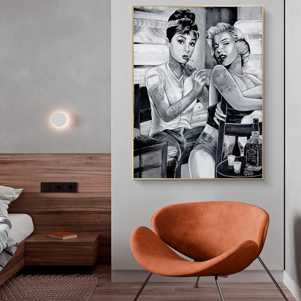 

Funny Hepburn Helped Monroe Tattoo Canvas Poster Print Vintage Portrait Painting Cuadros Black White Picture For Home Decor