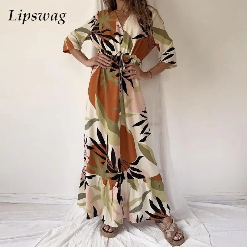 

Женское свободное платье с принтом, повседневное длинное платье на шнуровке с V-образным вырезом, рукавом до локтя и поясом на лето