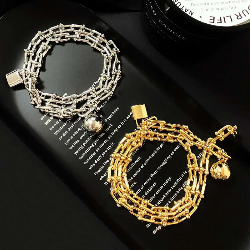 

TF 1: 1S925 Sterling Silver Classic Simple Wind Lucky Ball Meet Love Lock Double Circle U Bracelet, Gift for Women