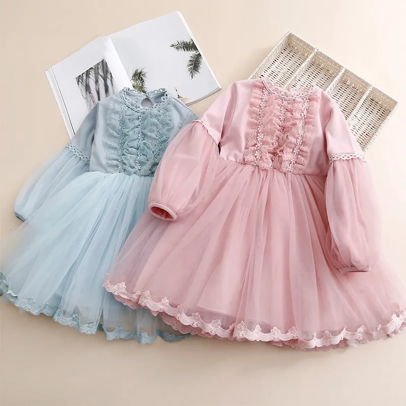 

2022 Spring Autumn 3 4 5 6 8 9 10 12 Years Children Clothing Cotton Lace Mesh Patchwork Flower Princess Dress For Kids Baby Girl