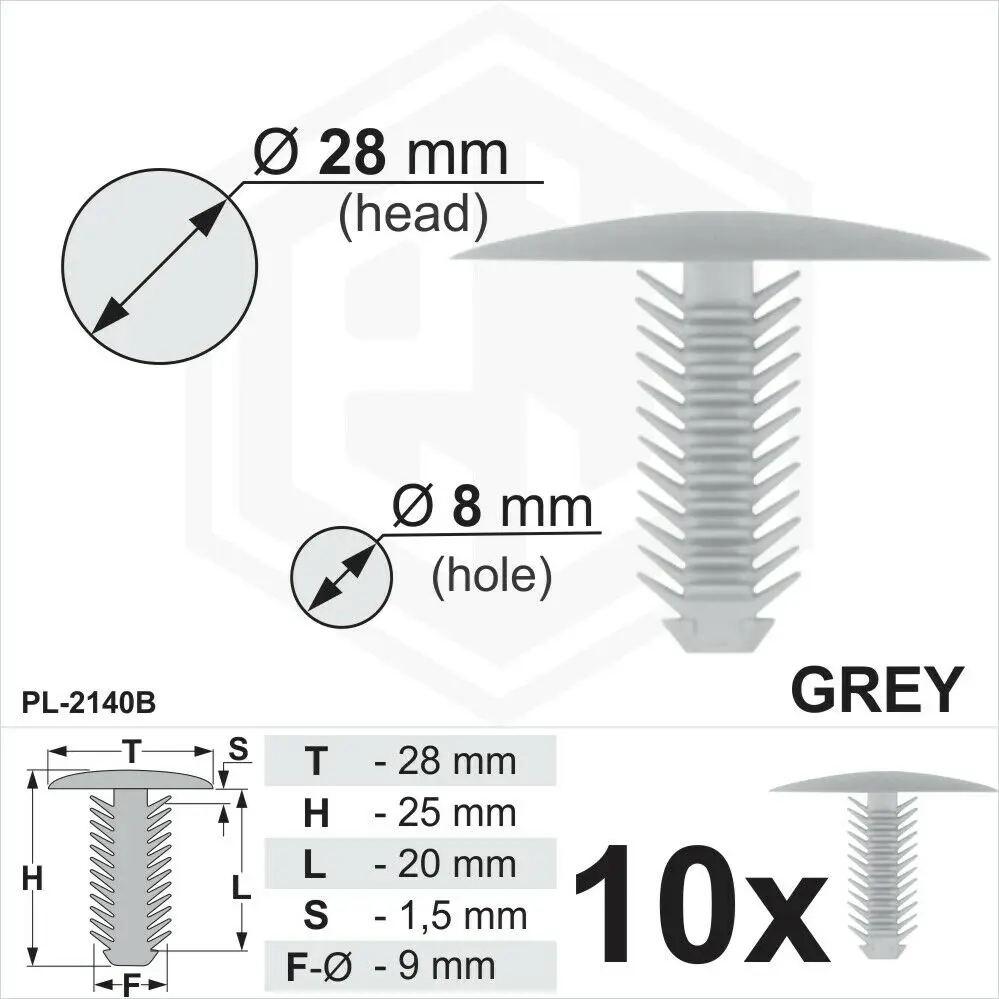 

10 x Grey Plastic Fir Tree Trim Clips 8mm Hole, 28mm Head Car Interior Fixings