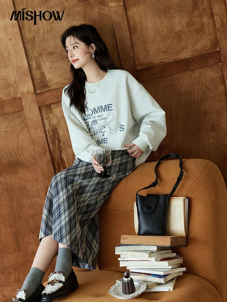 Женская толстовка MISHOW в стиле ретро с круглым вырезом и бантом осень 2024 пуловеры