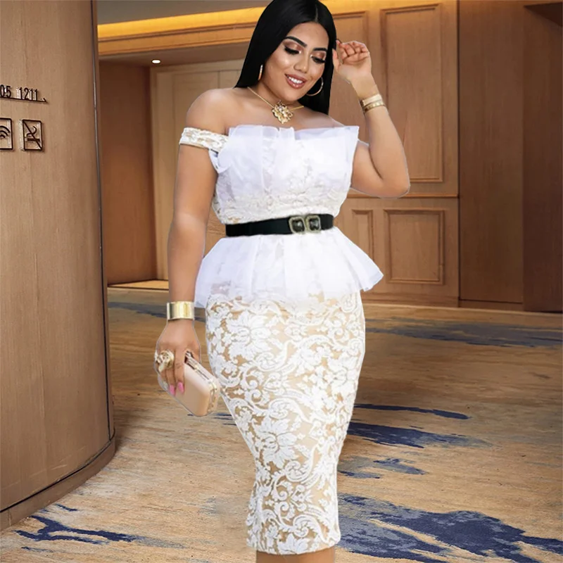 

Plus Size Dress Sexy Off Shoulder Stitching Lace High Waist With Belt Party Evening Dress Large Women's Dress
