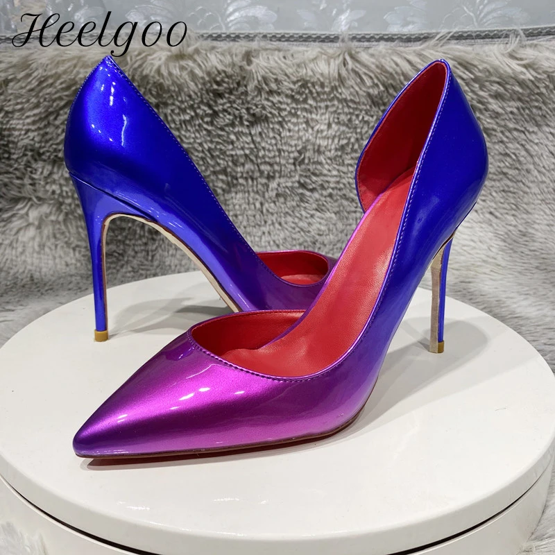 

Heelgoo Glossy Gradient Blue Purple Women D'Orsay Side Cut Pointy Toe High Heel Shoes Plus Size 33-46 Elegant Stiletto Pumps