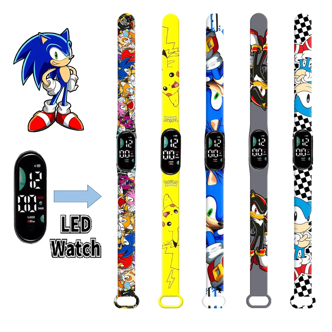 

New pikachu Sonic Child Watchs Anime Pikachu Cartoon Digital Electronic LED Student Silicone Wristband Kids Puzzle Watch Gifts