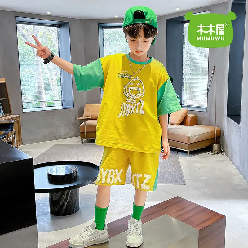 Pure Cotton Boy Sports Short Sleeve Suit Western Style Children's Thin 2022 New Summer Clothes Handsome