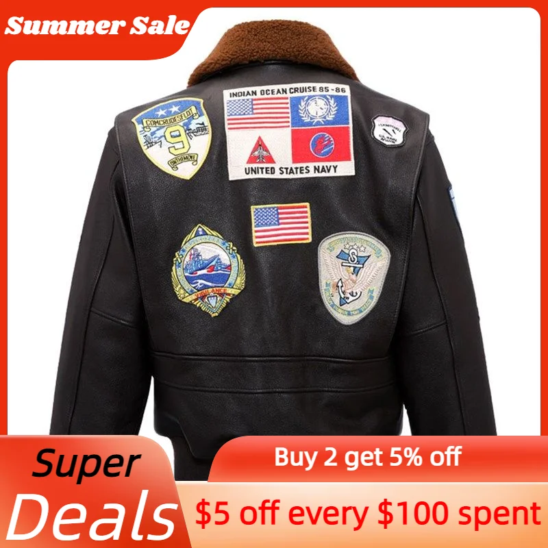 2022 темно-коричневая кожаная куртка в стиле милитари Мужская зимняя теплая из