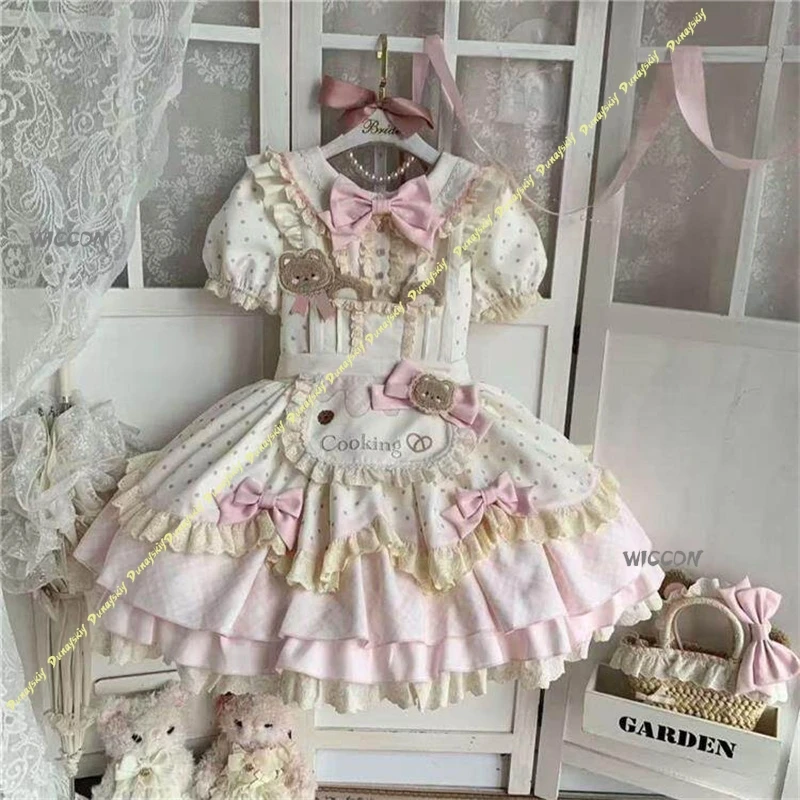 Фото Платье Teddy Bear Baker Lolita OP с коротким рукавом, милое платье принцессы Лолиты с милым принтом и бантом, для повседневной носки №2