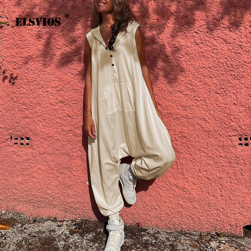 Summer Loose Hooded Jumpsuits For Women Streetwear Trend Fashion Casual Solid Color Sleeveless Rompers Lady New Party Long Pants