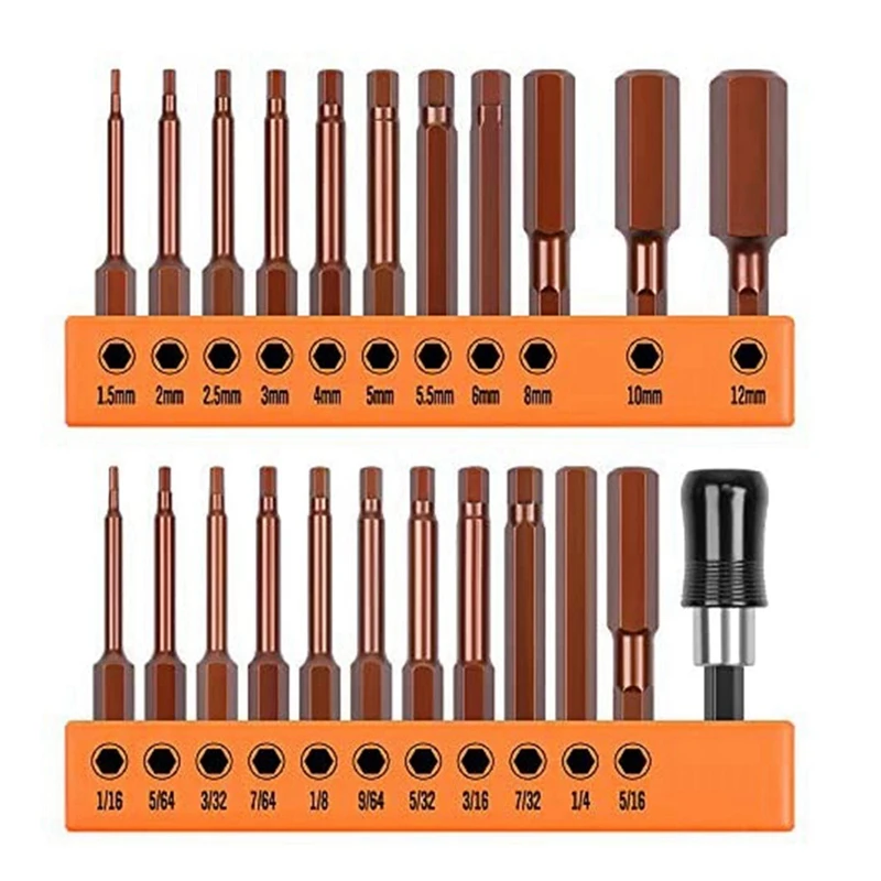 

23-Piece Hex Head Hex Wrench Drill Bit Set, S2 Steel SAE And Metric Hex Bits Set