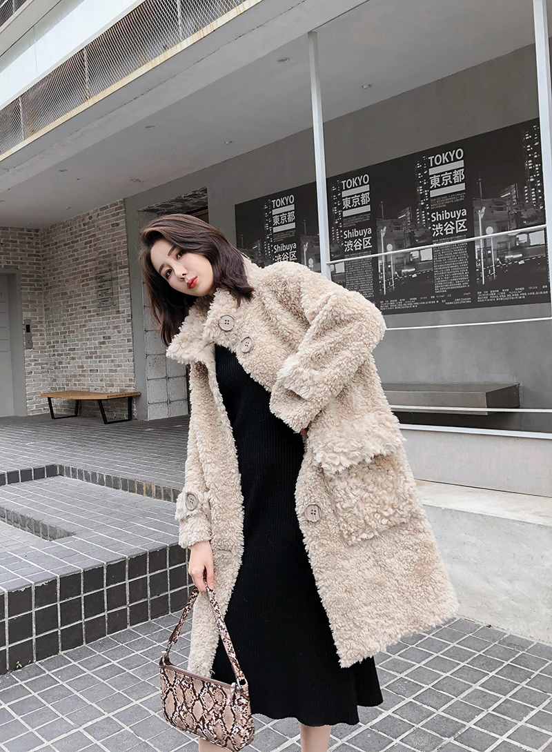Furyoume Winter Women Real Fur Coat Knitting 100% Wool Jacket Long Thick Warm Outerwear Single Breasted Natural Fur Streetwear