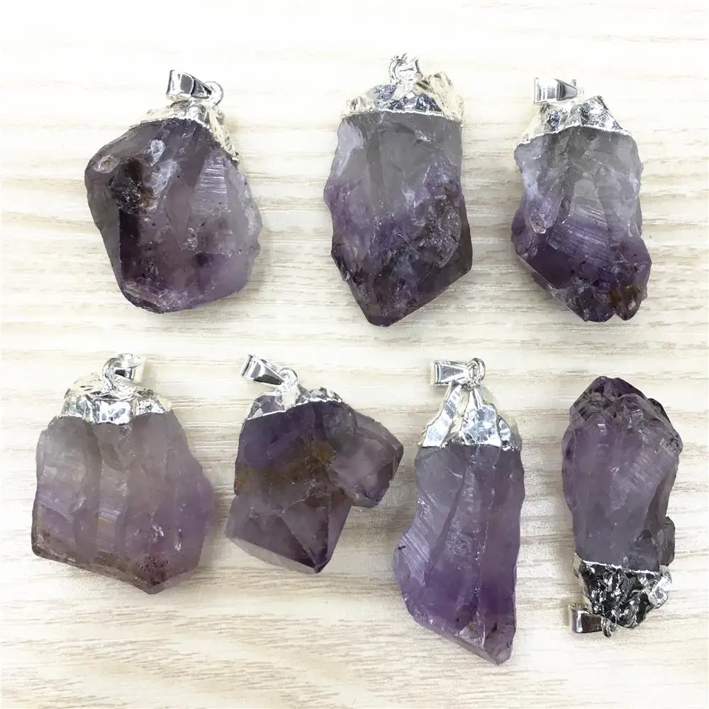 New Fashion Natural Stone Raw Ore Amethysts Silvers Pendant&Necklace Purple Crystal Gems Stone Pendants 6pcs for Jewelry Making